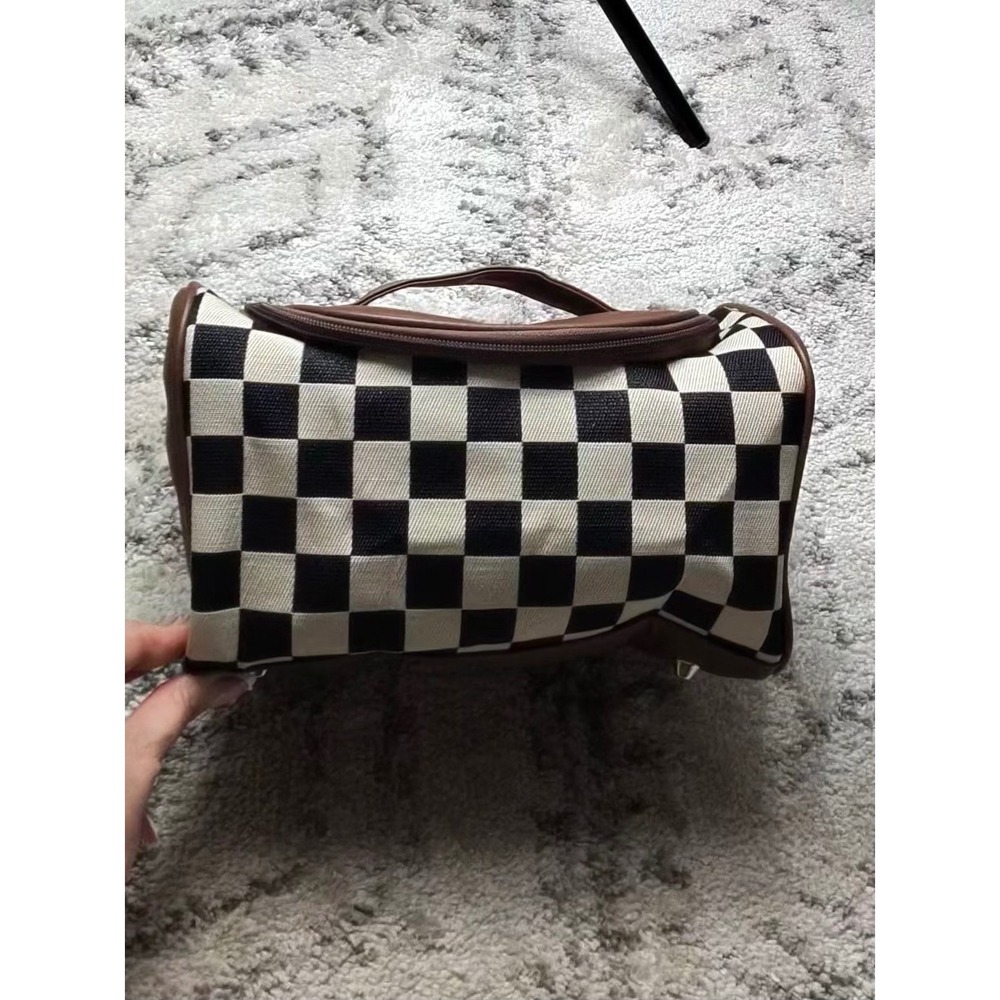 Checkerboard Toiletry Bag Black White‎ Canvas Brown Vegan Leather Cosmetic Case